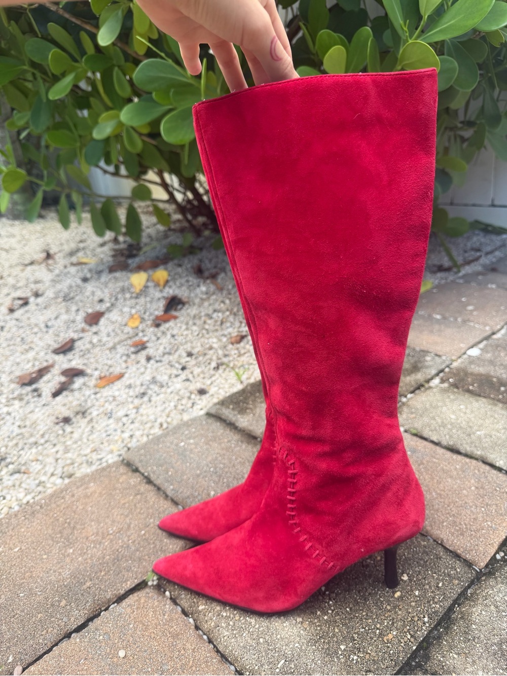 y2k Red Suede Leather Knee-High Pointed-Toe Heeled Boots - Women